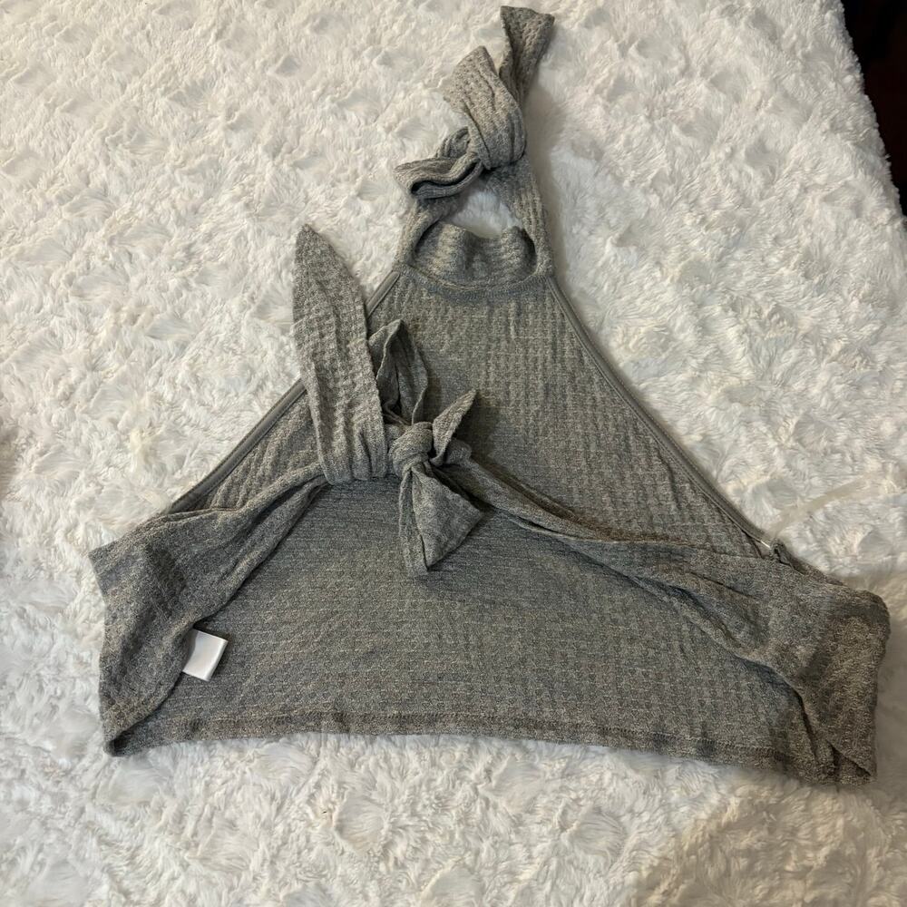 Blue Blush Grey Halter Tie Back Crop Top Made in USA Medium Waffle Knit